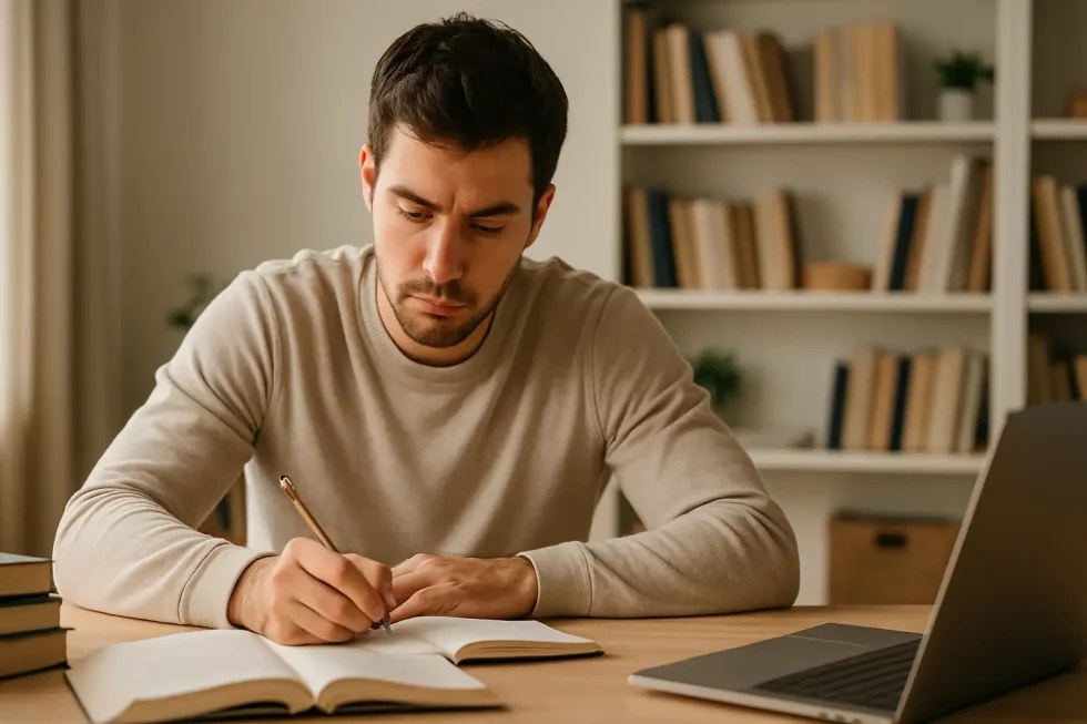 Studente concentrato sui libri mentre recupera più anni scolastici a Gorizia